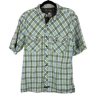English Laundry Cotton Green Blue Plaid Button Down Chest Pockets Large Shirt